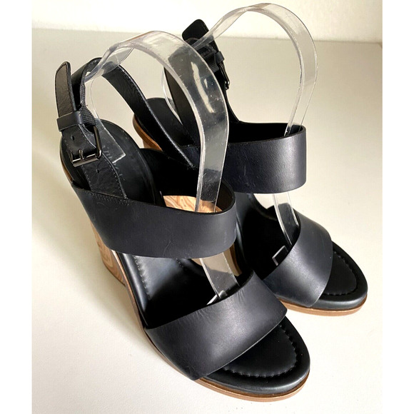 Vince Haley Sandal Black Leather Open Toe Two Strap Ankle Buckle Wood He… - Picture 2 of 11